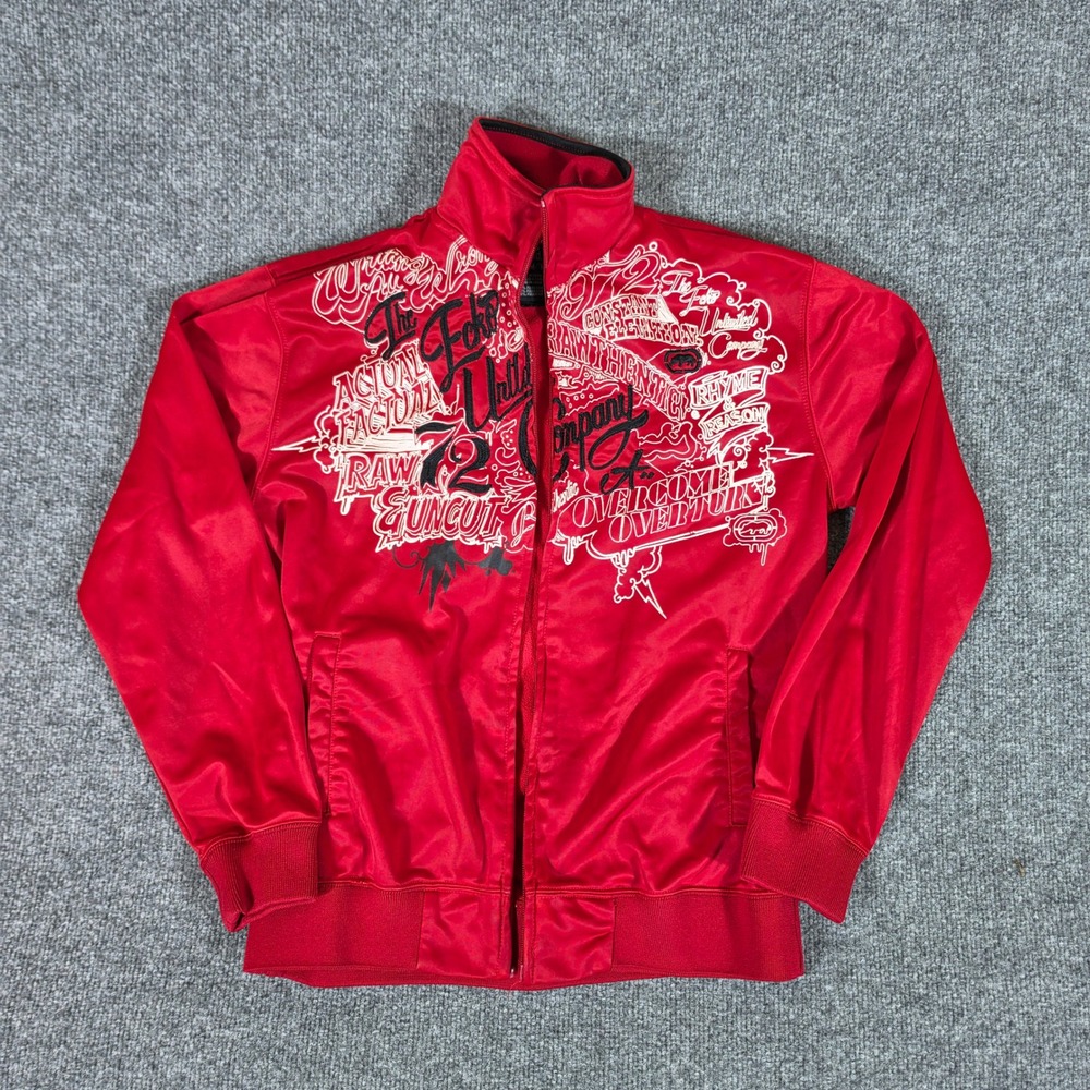 Ecko Unltd Kids Red Graphic Print Full Zip Track Jacket Size Medium Zipper FLAW